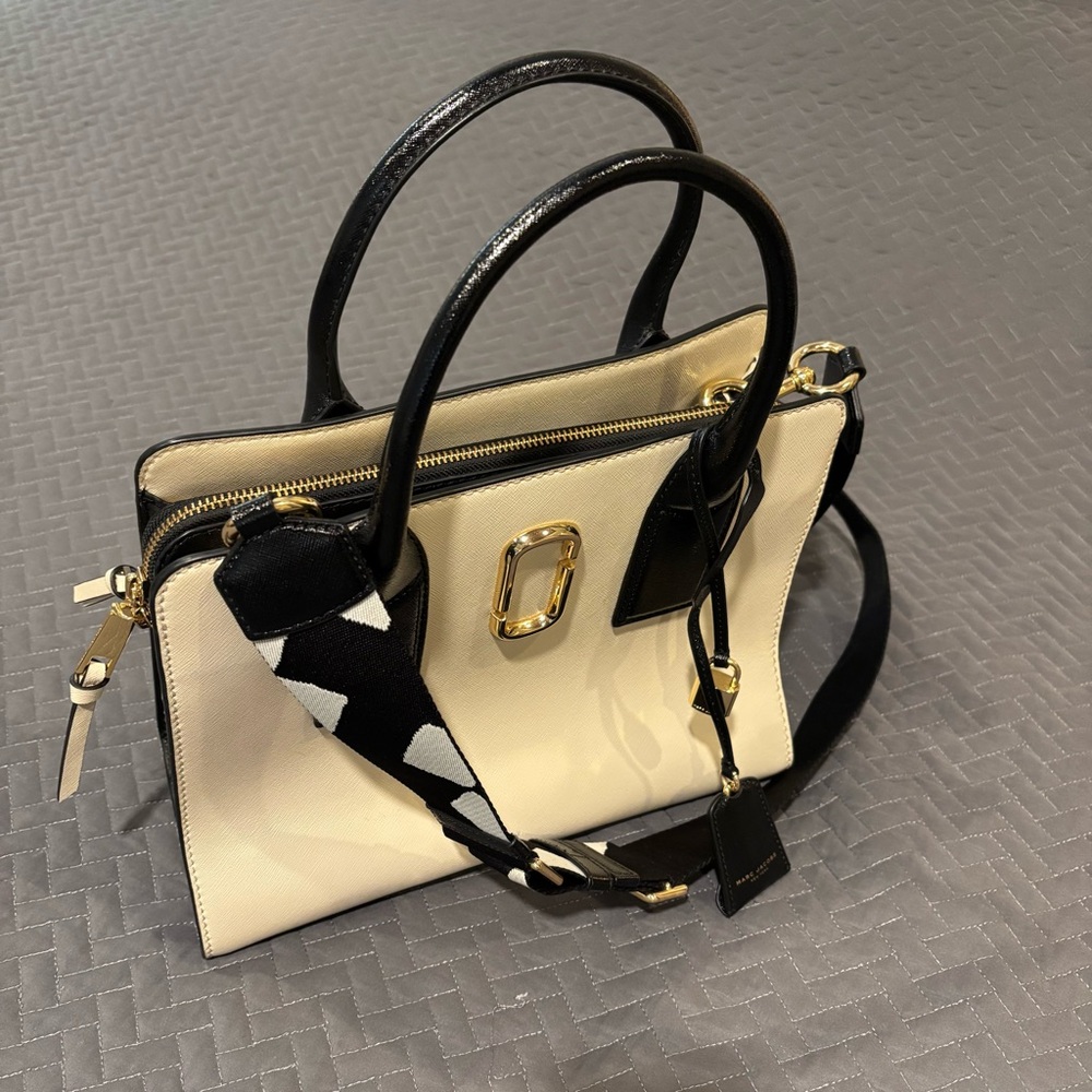 Cream and Black Structured Leather Tote Bag with Gold Hardware